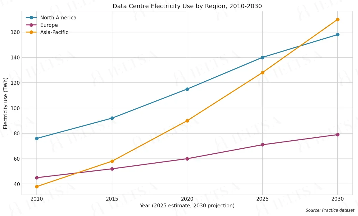 Data Centre Electricity Use by Region, 2010-2030