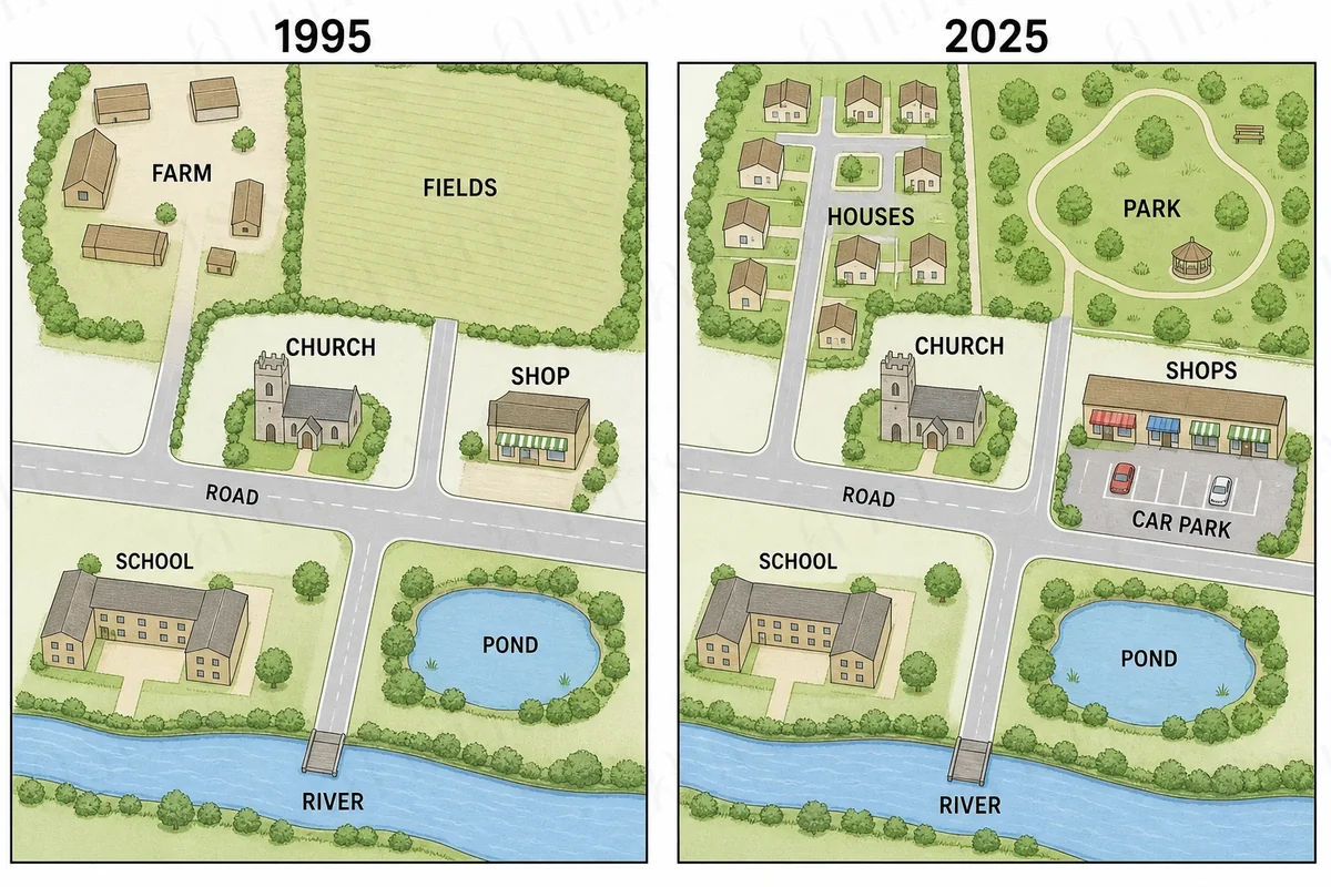 Two maps of the village of Millbrook in 1995 and 2025: the farm in the north-west becomes houses, the fields in the north-east become a park, and the single shop becomes a row of shops with a car park, while the church, school, pond, river and main road stay the same.