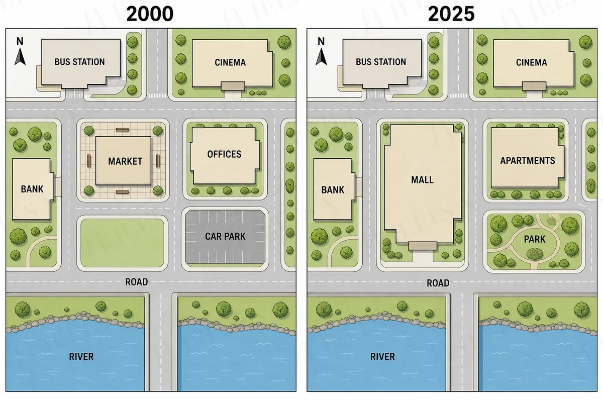 Two maps of a town centre in 2000 and 2025: the market is replaced by a larger mall, the offices become apartments and the car park becomes a park, while the bus station, cinema, bank, roads and river stay the same.