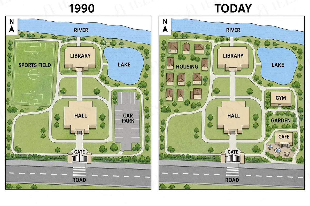 Two maps of a university campus in 1990 and today: the sports field in the north-west becomes housing, and the car park in the east is replaced by a gym, a garden and a cafe, while the library, lake, hall, main gate, river and road stay the same.