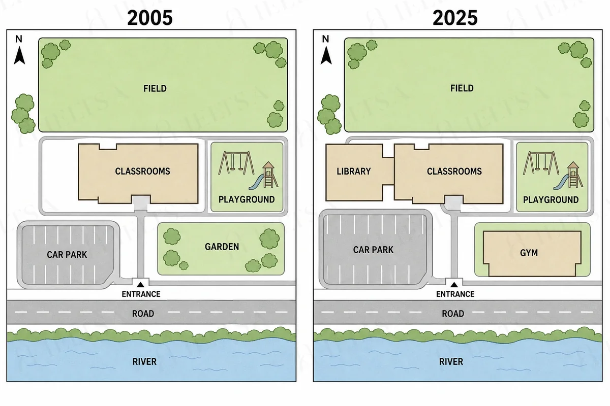 Two maps of a primary school in 2005 and 2025: a new library is built beside the classrooms, the garden is replaced by a gym and the car park is larger, while the field, playground, entrance, road and river stay the same.