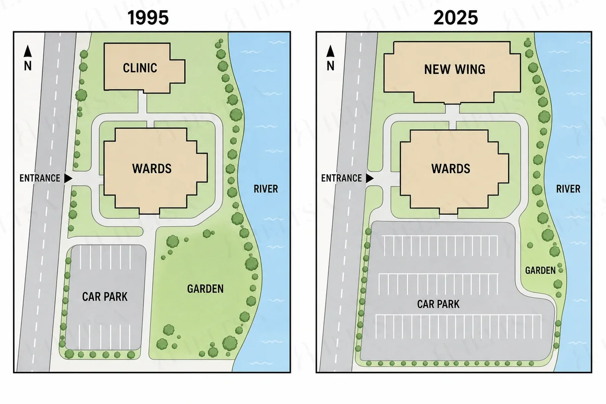 Two maps of a hospital site in 1995 and 2025: the clinic becomes a larger new wing, the car park grows to fill most of the south and the garden shrinks to a narrow strip beside the river, while the wards building, entrance and road stay the same.