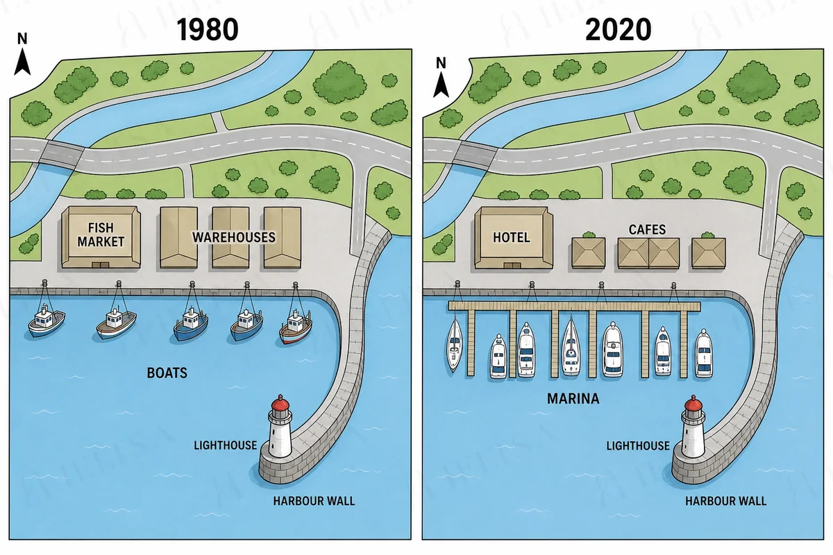 Two maps of a harbour in 1980 and 2020: the fish market becomes a hotel, the warehouses become cafes and the fishing boats are replaced by a marina with yachts and pontoons, while the harbour wall and lighthouse stay the same.