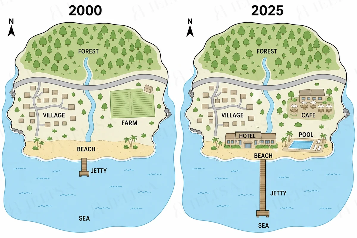 Two maps of an island in 2000 and 2025: the farm becomes a cafe, a hotel and a swimming pool are built near the beach and the jetty becomes much longer, while the forest, village, river and road stay the same.