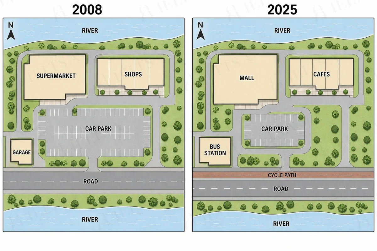 Two maps of a shopping area in 2008 and 2025: the supermarket becomes a mall, the shops become cafes, the car park is smaller, a bus station replaces the garage in the south-west and a cycle path is added beside the road, while the road and rivers stay the same.