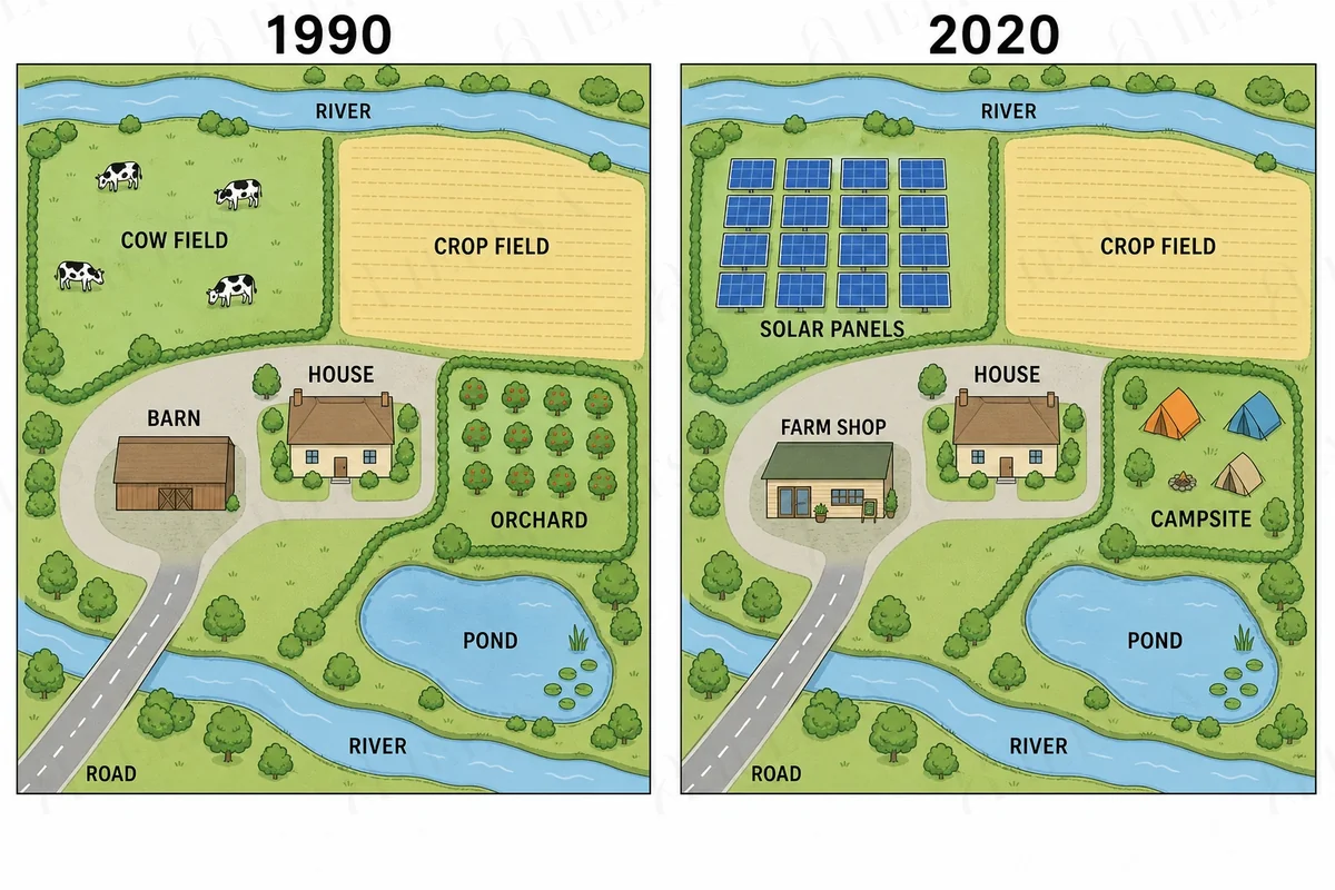 Two maps of a farm in 1990 and 2020: the cow field becomes solar panels, the barn becomes a farm shop and the orchard becomes a campsite, while the house, crop field, pond, rivers and road stay the same.