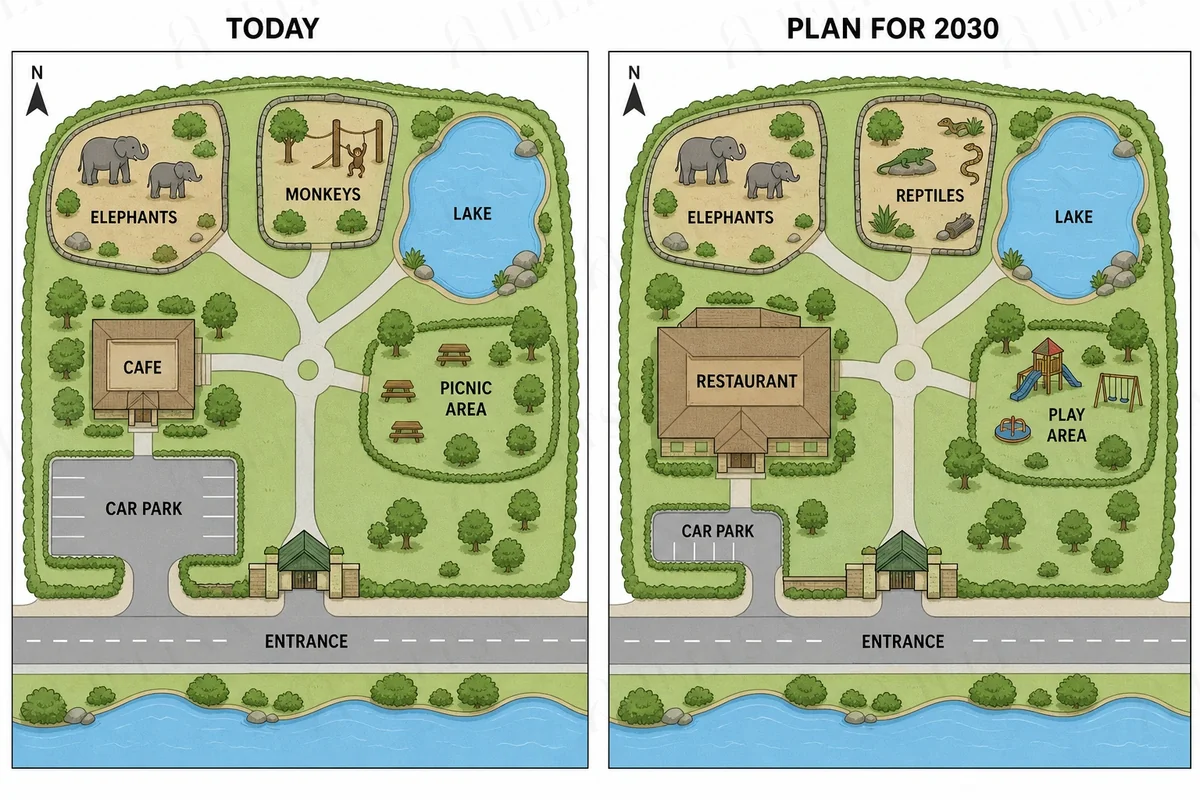Two maps of a city zoo today and in the plan for 2030: the monkeys area becomes a reptiles area, the cafe becomes a larger restaurant, the picnic area becomes a play area and the car park becomes smaller, while the elephants, lake and entrance stay the same.
