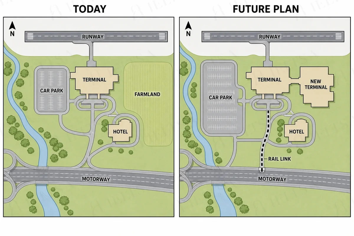 Two maps of an airport area today and in the future plan: a new terminal is added to the east of the existing terminal on former farmland, the car park is larger and a rail link runs south from the terminals to the motorway, while the runway and hotel stay the same.