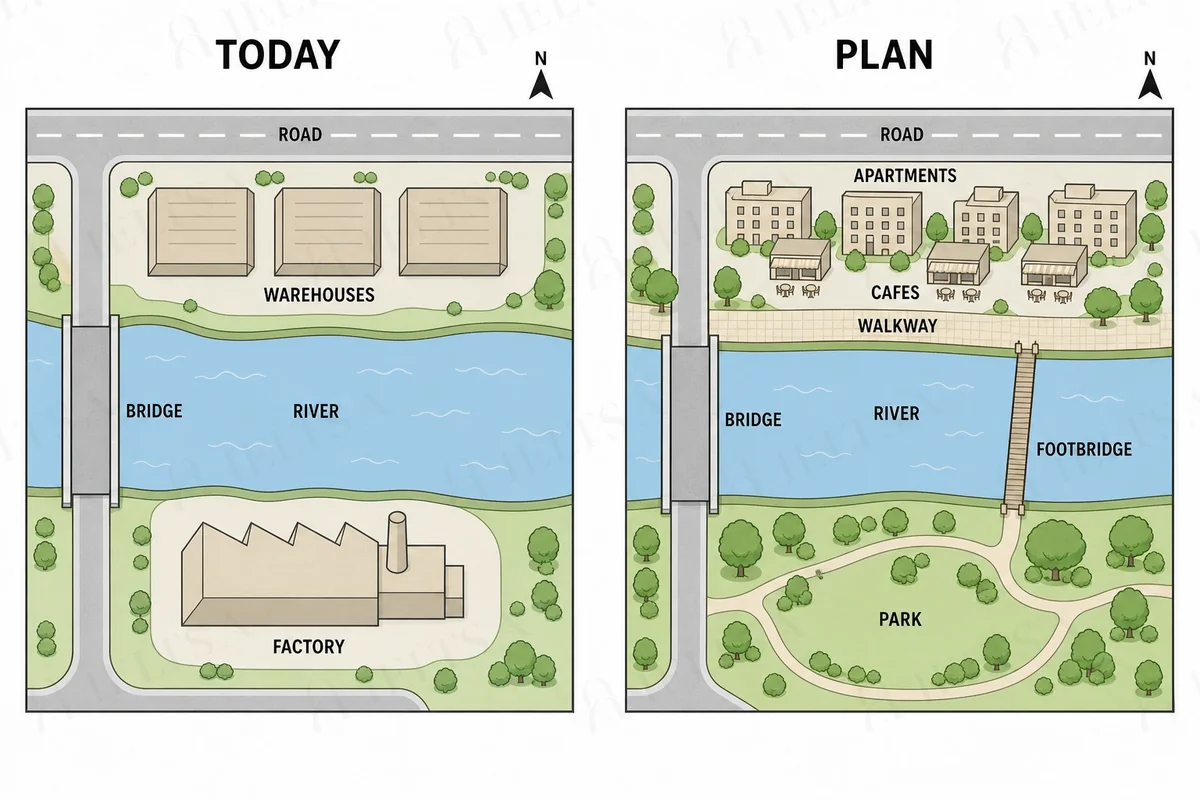 Two maps of a riverside area today and in the plan: the warehouses on the north bank become apartments and cafes with a walkway along the river, the factory on the south bank becomes a park and a footbridge is added east of the road bridge.