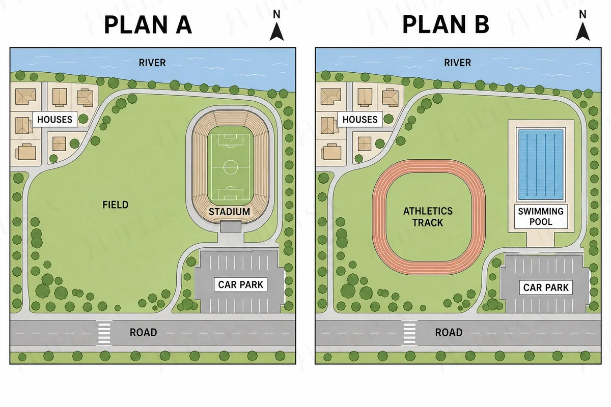 Two plans for a sports ground beside a river: Plan A builds a stadium in the east of the field, while Plan B builds an athletics track in the centre and a swimming pool in the east; the houses, car park, river and road are the same in both.