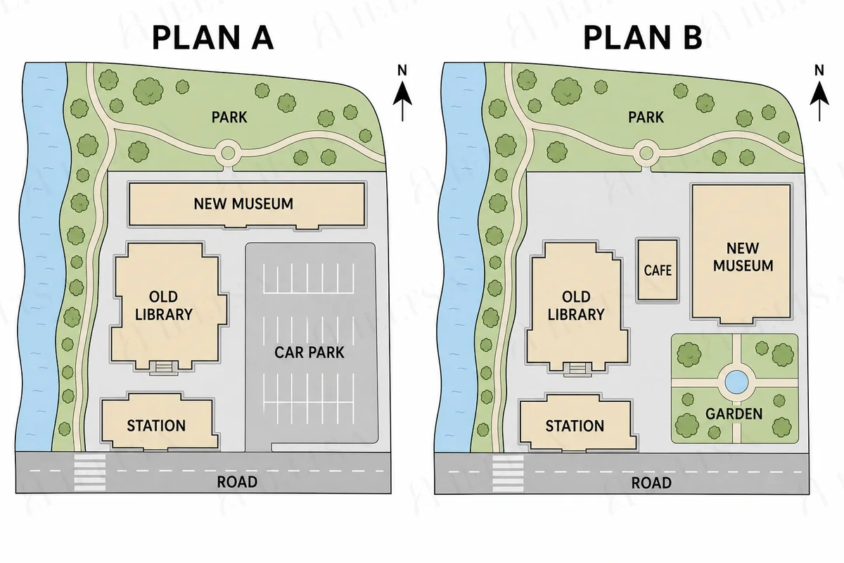 Two plans for a museum site: Plan A puts the new museum between the park and the old library and keeps a large car park in the east, while Plan B replaces the car park with the new museum and a garden and adds a cafe next to the old library.