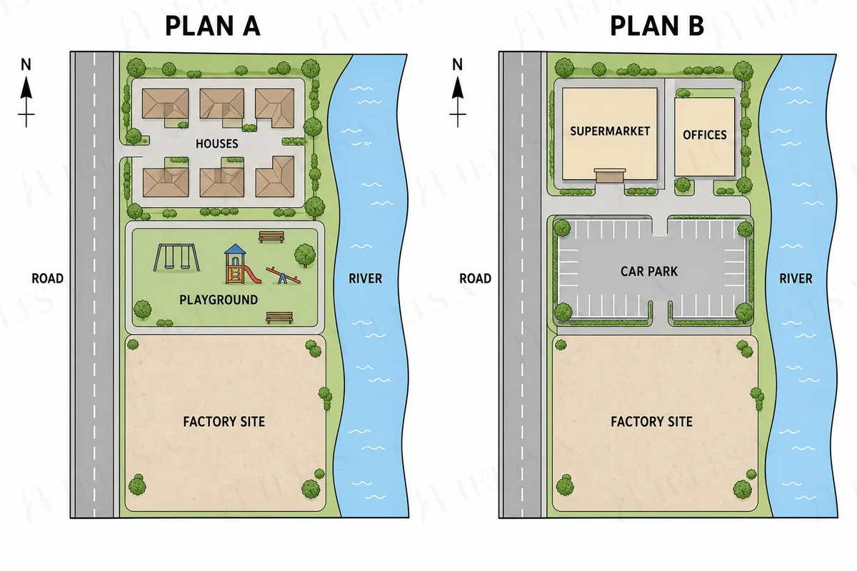 Two plans for a former factory site between a road and a river: Plan A builds houses and a playground in the north of the site, while Plan B builds a supermarket, offices and a large car park there; the cleared factory site in the south stays empty in both.