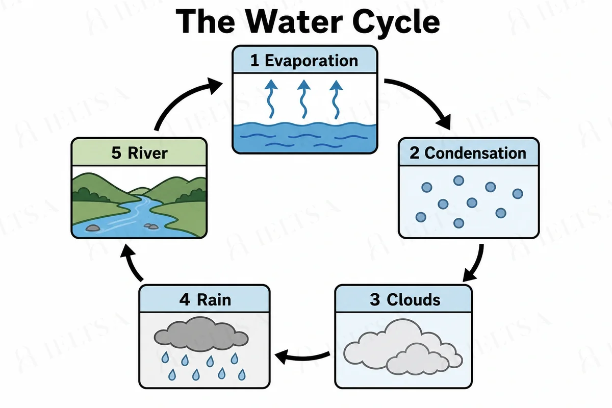 The diagram shows a cycle of five numbered stages shown in a circle: 1 evaporation (water rising from the sea), 2 condensation, 3 clouds, 4 rain, and 5 river, with an arrow leading from the river back to evaporation.