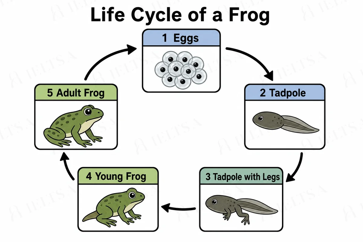 The diagram shows a cycle of five numbered stages shown in a circle: 1 eggs, 2 tadpole, 3 tadpole with legs, 4 young frog and 5 adult frog, with an arrow leading from the adult frog back to the eggs.