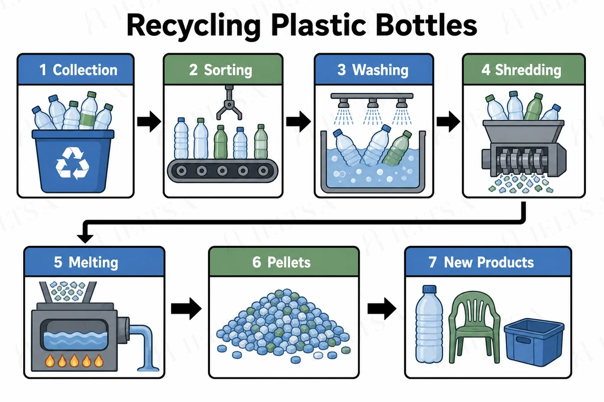 The diagram shows seven numbered stages in two rows, each row read from left to right with an arrow from the end of the first row to the start of the second: 1 collection, 2 sorting, 3 washing, 4 shredding, 5 melting, 6 pellets and 7 new products.