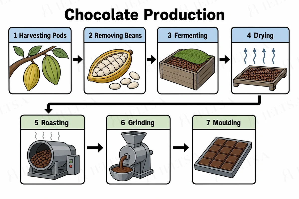The diagram shows seven numbered stages in two rows, each row read from left to right with an arrow from the end of the first row to the start of the second: 1 harvesting pods, 2 removing beans, 3 fermenting, 4 drying, 5 roasting, 6 grinding and 7 moulding.