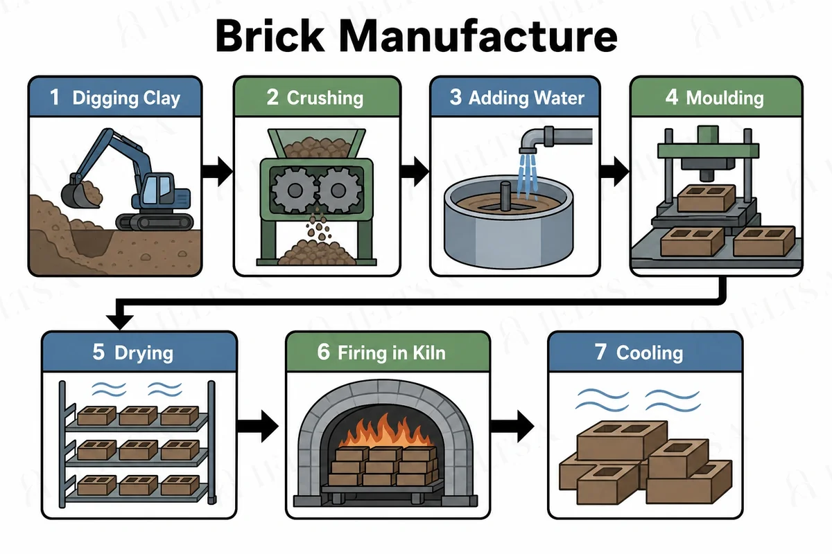 The diagram shows seven numbered stages in two rows, each row read from left to right with an arrow from the end of the first row to the start of the second: 1 digging clay, 2 crushing, 3 adding water, 4 moulding, 5 drying, 6 firing in a kiln and 7 cooling.