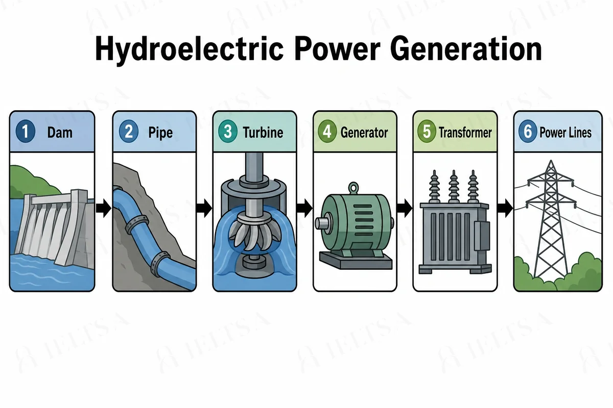 The diagram shows six numbered stages in one row, read from left to right: 1 dam, 2 pipe, 3 turbine, 4 generator, 5 transformer and 6 power lines.
