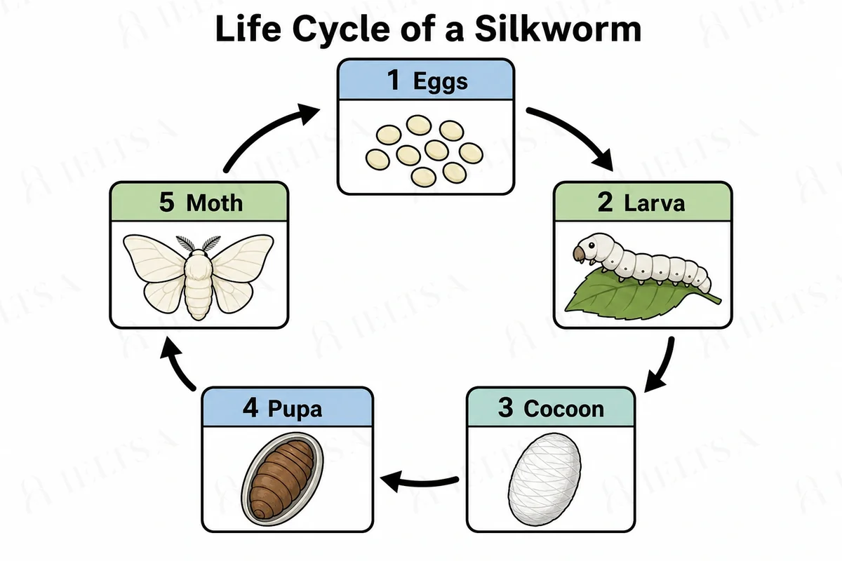 The diagram shows a cycle of five numbered stages shown in a circle: 1 eggs, 2 larva, 3 cocoon, 4 pupa and 5 moth, with an arrow leading from the moth back to the eggs.