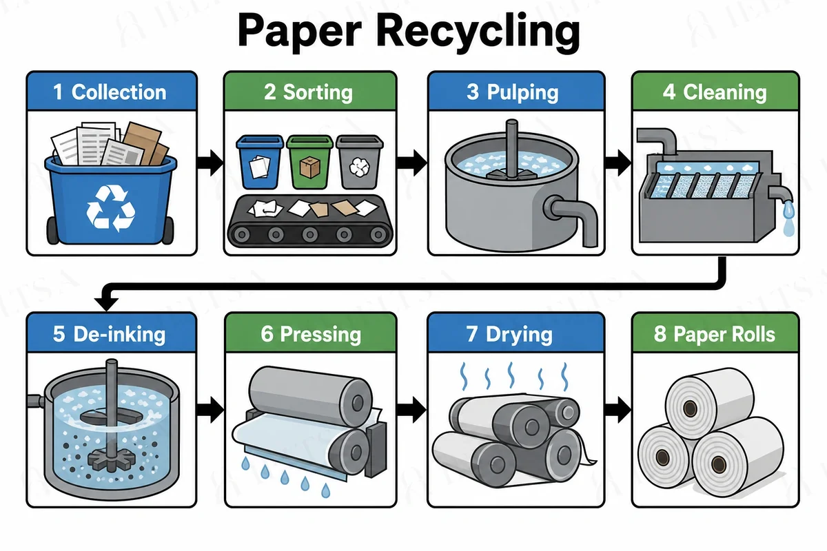 The diagram shows eight numbered stages in two rows, each row read from left to right with an arrow from the end of the first row to the start of the second: 1 collection, 2 sorting, 3 pulping, 4 cleaning, 5 de-inking, 6 pressing, 7 drying and 8 paper rolls.