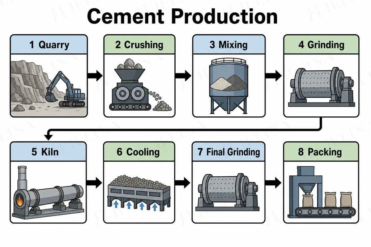 The diagram shows eight numbered stages in two rows, each row read from left to right with an arrow from the end of the first row to the start of the second: 1 quarry, 2 crushing, 3 mixing, 4 grinding, 5 kiln, 6 cooling, 7 final grinding and 8 packing.