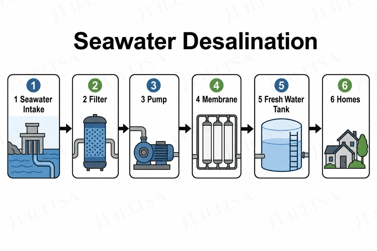 The diagram shows six numbered stages in one row, read from left to right: 1 seawater intake, 2 filter, 3 pump, 4 membrane, 5 fresh water tank and 6 homes.