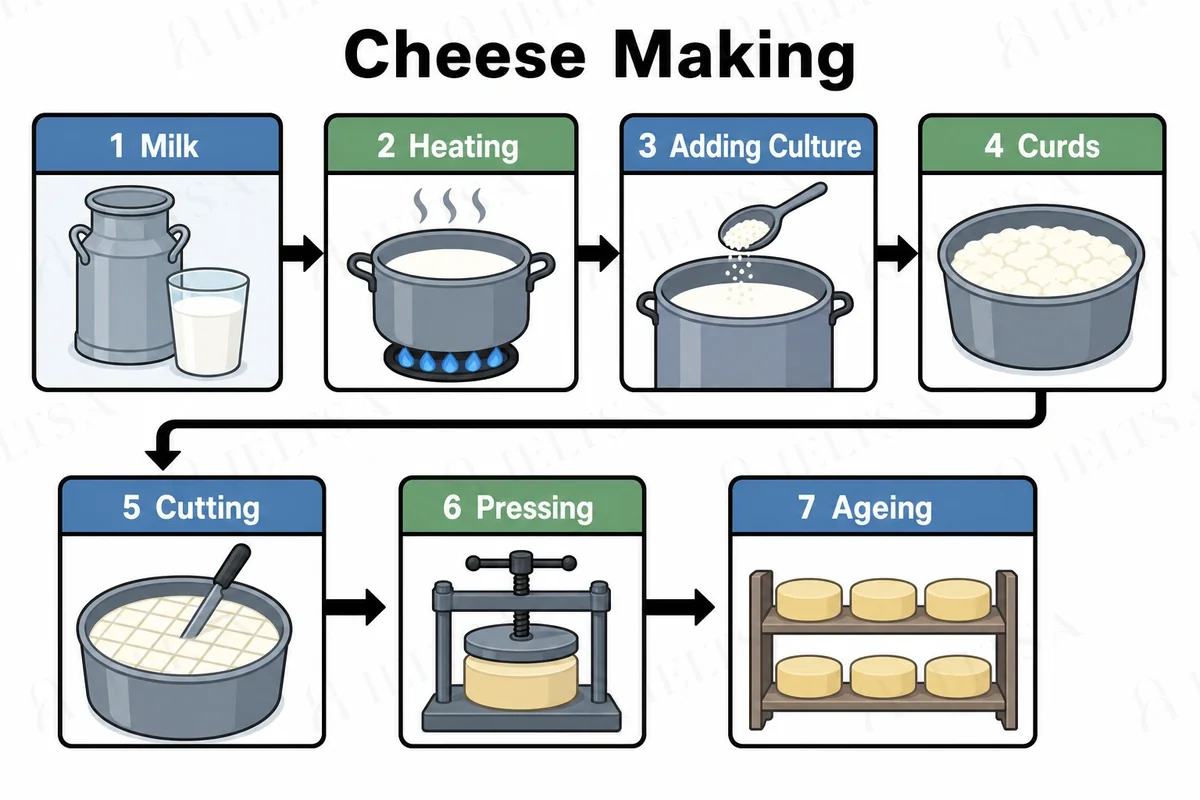 The diagram shows seven numbered stages in two rows, each row read from left to right with an arrow from the end of the first row to the start of the second: 1 milk, 2 heating, 3 adding culture, 4 curds, 5 cutting, 6 pressing and 7 ageing.