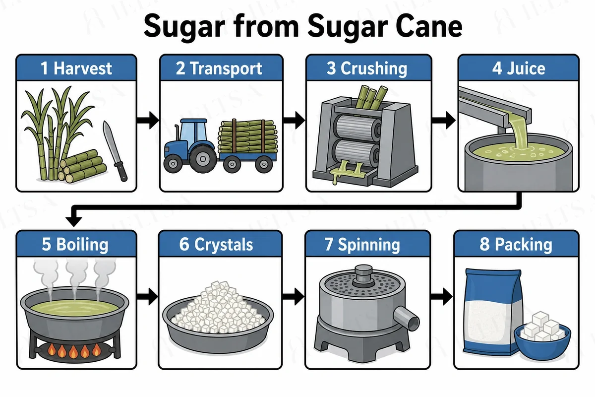 The diagram shows eight numbered stages in two rows, each row read from left to right with an arrow from the end of the first row to the start of the second: 1 harvest, 2 transport, 3 crushing, 4 juice, 5 boiling, 6 crystals, 7 spinning and 8 packing.