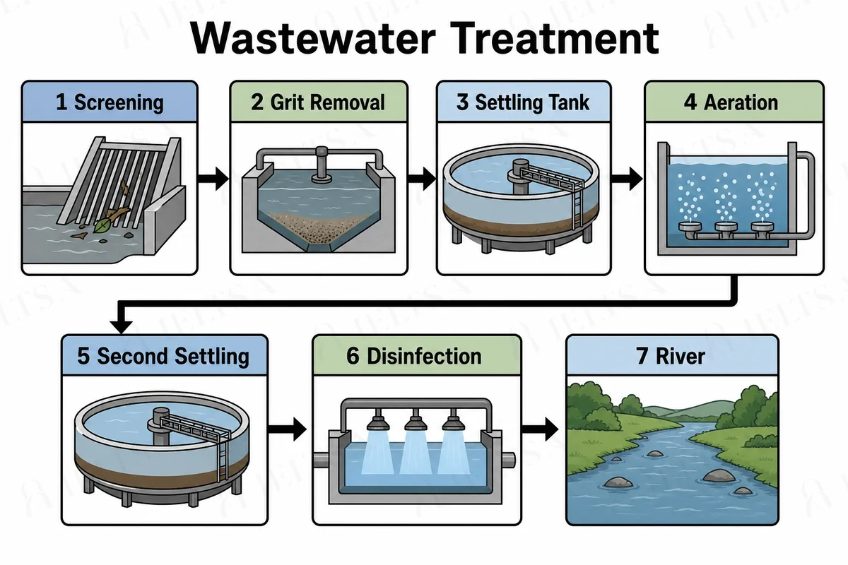 The diagram shows seven numbered stages in two rows, each row read from left to right with an arrow from the end of the first row to the start of the second: 1 screening, 2 grit removal, 3 settling tank, 4 aeration, 5 second settling, 6 disinfection and 7 river.