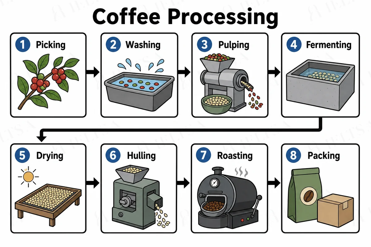 The diagram shows eight numbered stages in two rows, each row read from left to right with an arrow from the end of the first row to the start of the second: 1 picking, 2 washing, 3 pulping, 4 fermenting, 5 drying, 6 hulling, 7 roasting and 8 packing.