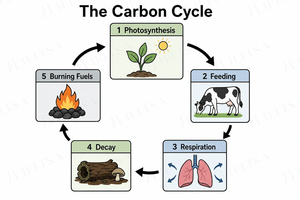 The diagram shows a cycle of five numbered stages shown in a circle: 1 photosynthesis, 2 feeding, 3 respiration, 4 decay and 5 burning fuels, with an arrow leading from burning fuels back to photosynthesis.